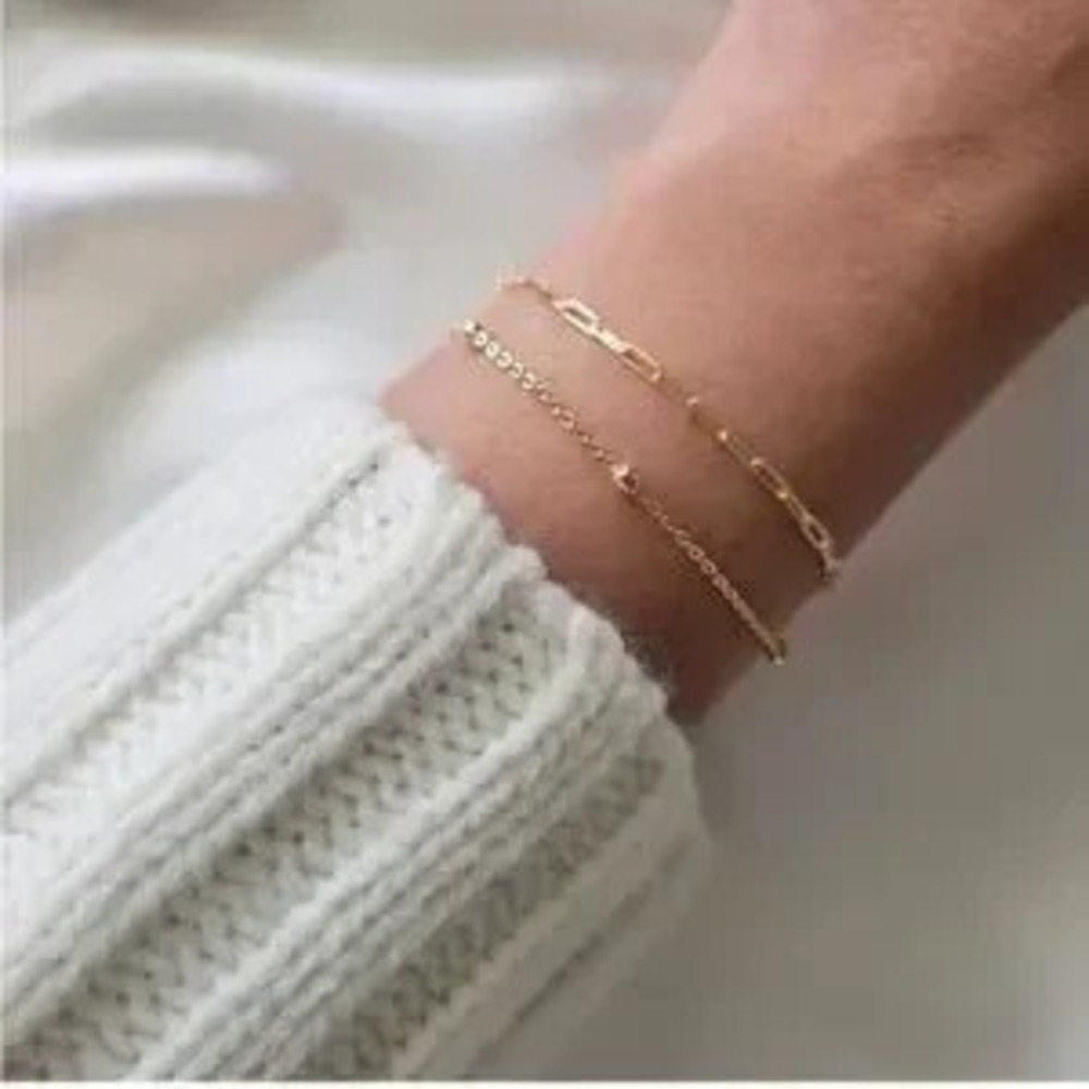 14k Gold Plated 2pc Paperclip Beaded Bracelet Set - Picture 2 of 4